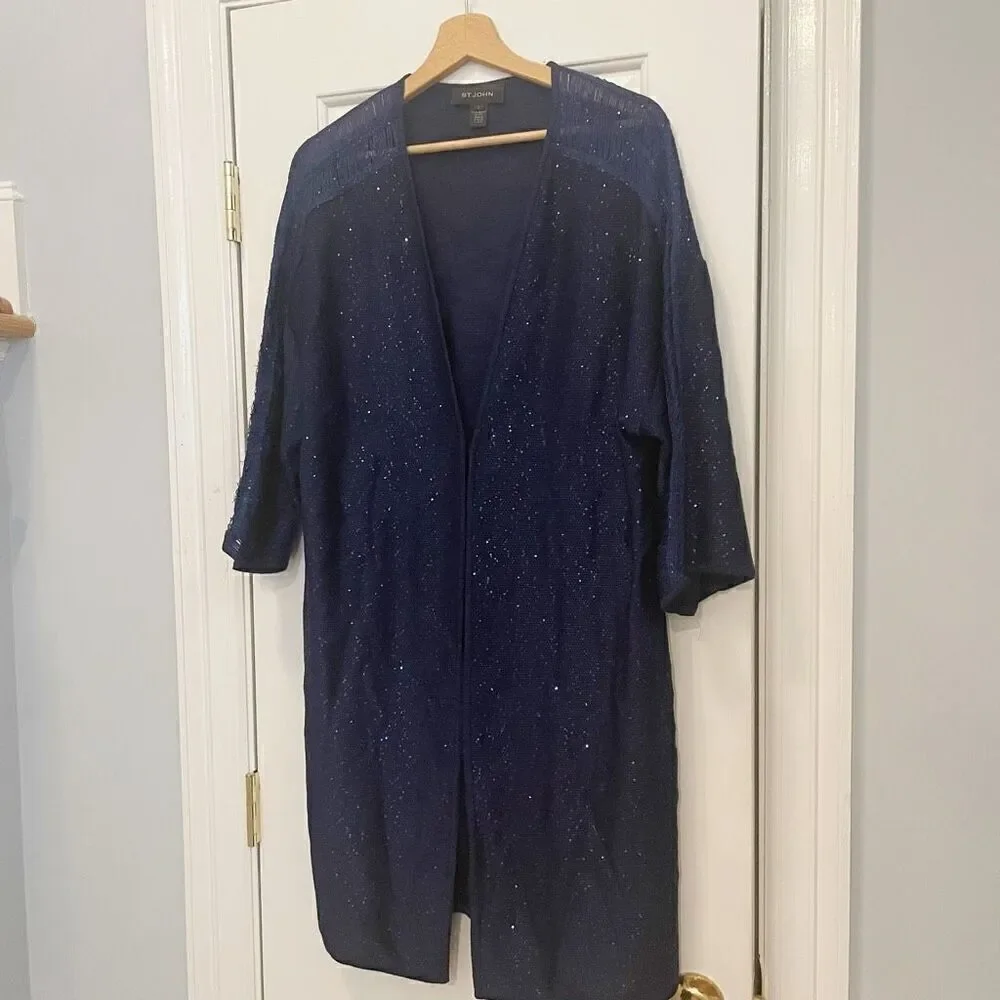 St. John Blue Knit Cardigan Coat Sequin Sparkle Size Large - Picture 2 of 8